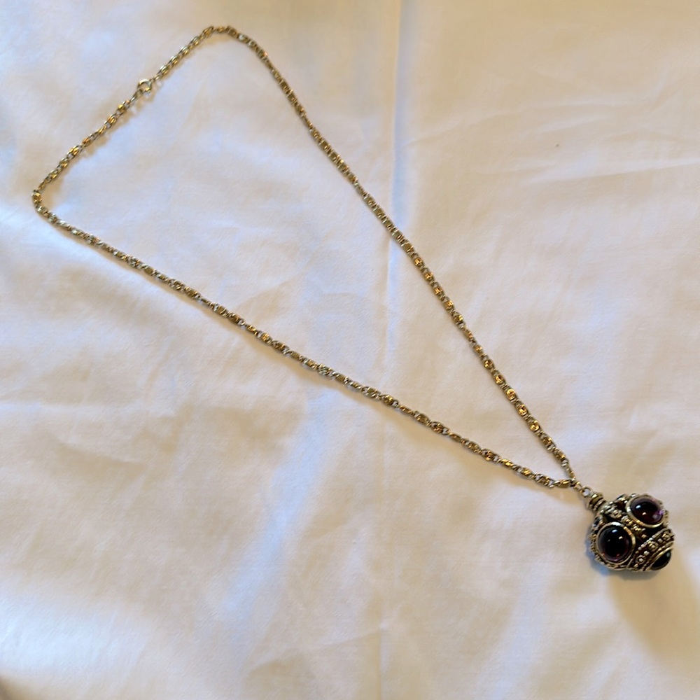 Vintage gold tone necklace with pendant, 24 inch chain, purple stones